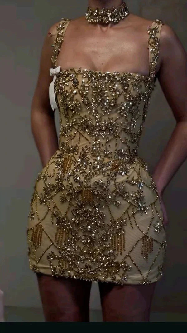 Luxurious Gold Square Neck Straps Beaded Bodycon Mini Homecoming Dress AS698