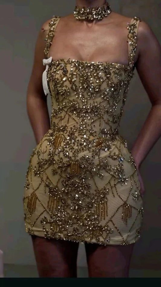 Luxurious Gold Square Neck Straps Beaded Bodycon Mini Homecoming Dress AS698