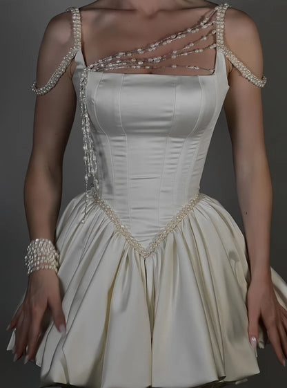 Elegant Ivory Square Neck Pearl Straps A Line Short Homecoming Dress With Pearl Chain Detail AS699