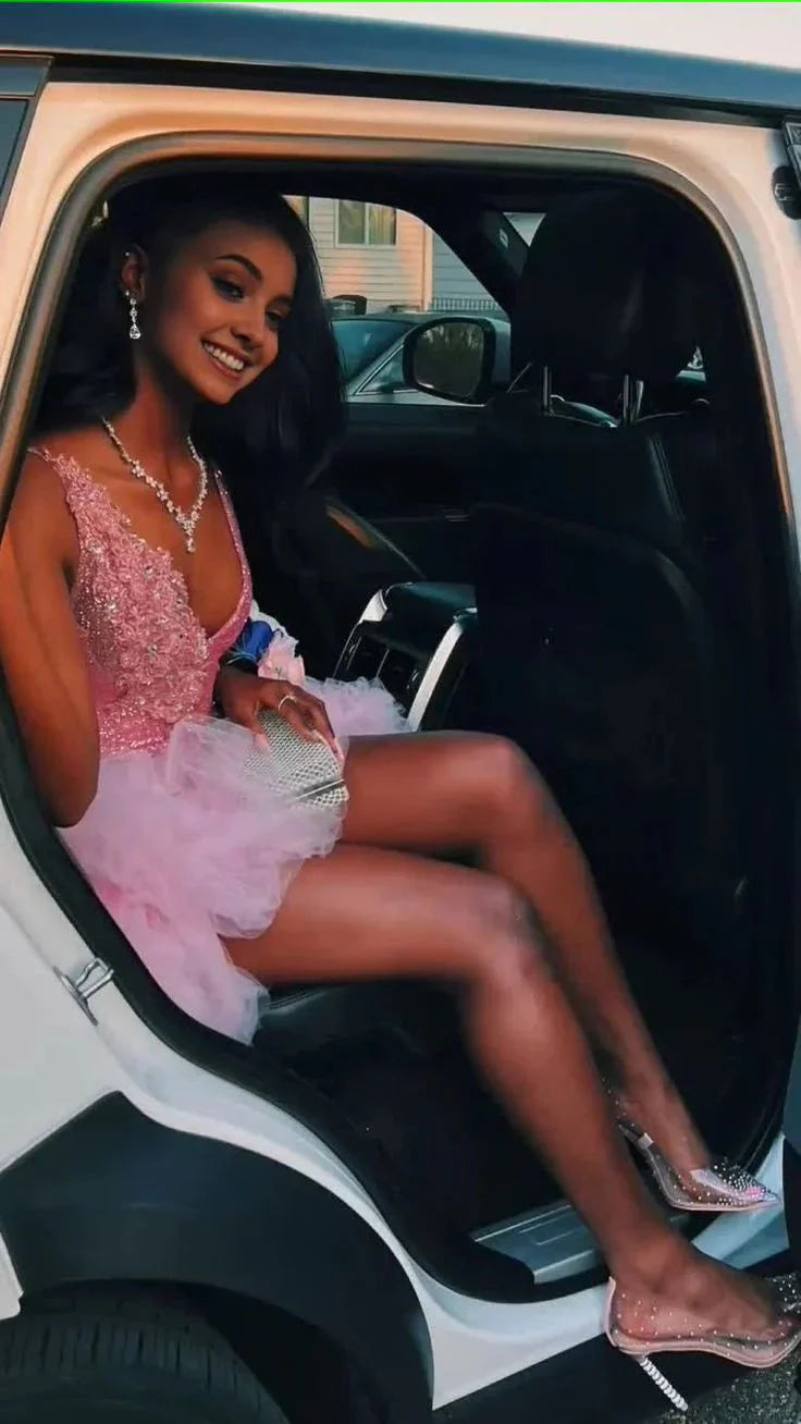 Glam Pink V-Neck Bodycon Short Homecoming Dress With Lace Applique & Tulle Ruffle Skirt AS701