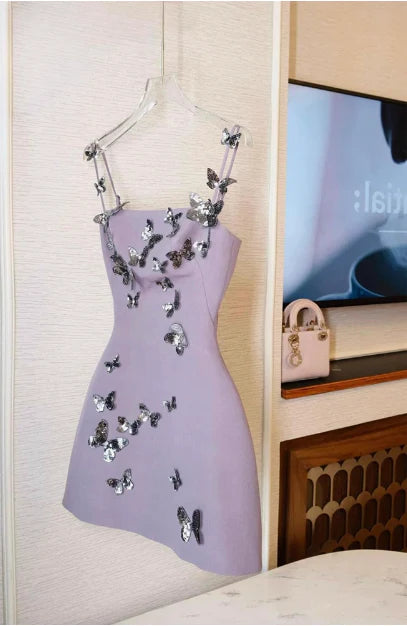 Dreamy Lavender Square Neck Straps A Line Short Homecoming Dress With 3D Silver Butterfly Applique AS702