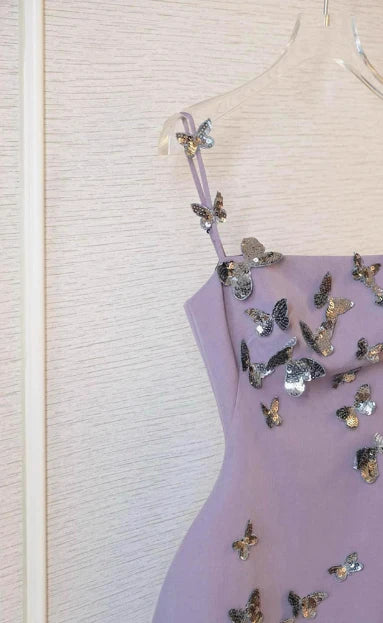 Dreamy Lavender Square Neck Straps A Line Short Homecoming Dress With 3D Silver Butterfly Applique AS702