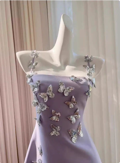Dreamy Lavender Square Neck Straps A Line Short Homecoming Dress With 3D Silver Butterfly Applique AS702