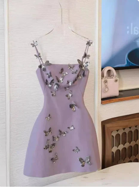 Dreamy Lavender Square Neck Straps A Line Short Homecoming Dress With 3D Silver Butterfly Applique AS702