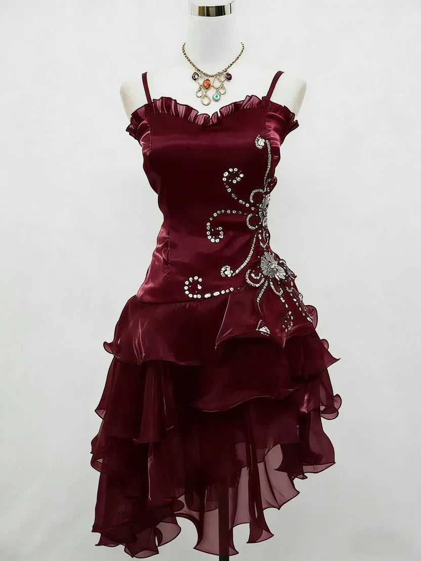 Vintage Black Spaghetti Straps V-Neck Beaded Short Homecoming Dress With Ruffled Chiffon Hem AS703