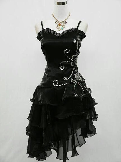Vintage Black Spaghetti Straps V-Neck Beaded Short Homecoming Dress With Ruffled Chiffon Hem AS703
