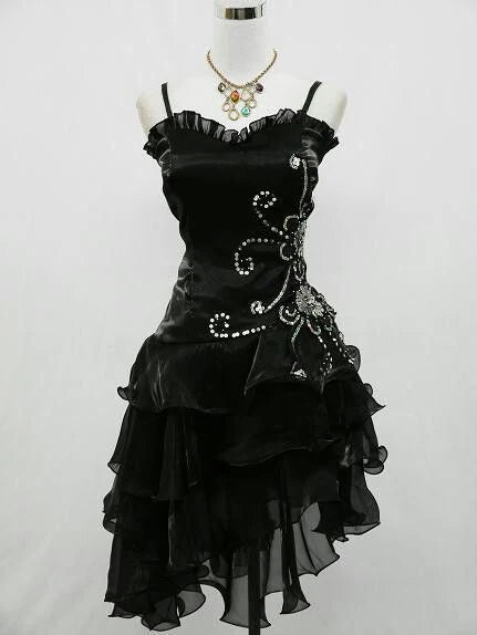 Vintage Black Spaghetti Straps V-Neck Beaded Short Homecoming Dress With Ruffled Chiffon Hem AS703