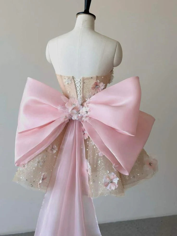Enchanting Blush Sweetheart A Line Short Homecoming Dress With 3D Floral Applique & Oversized Bow AS704