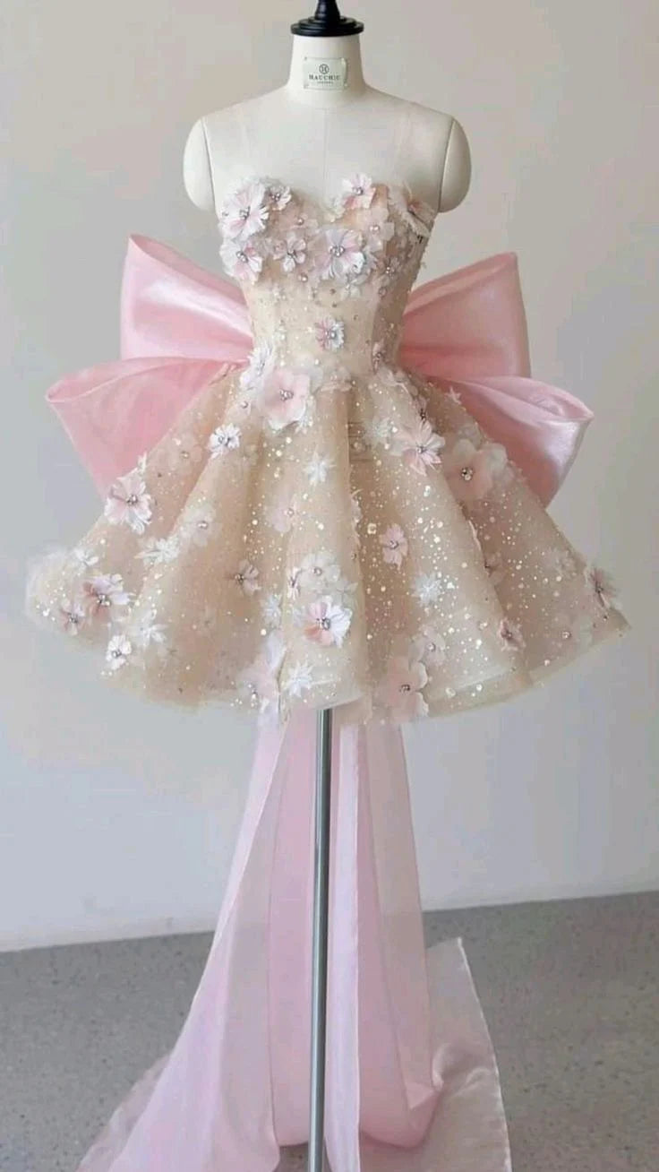 Enchanting Blush Sweetheart A Line Short Homecoming Dress With 3D Floral Applique & Oversized Bow AS704