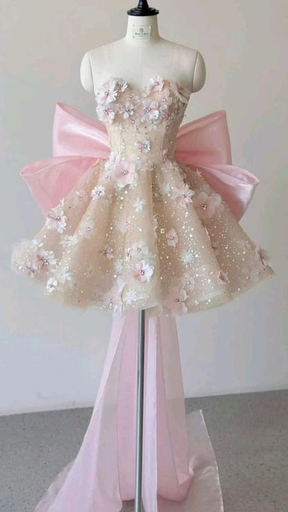 Enchanting Blush Sweetheart A Line Short Homecoming Dress With 3D Floral Applique & Oversized Bow AS704