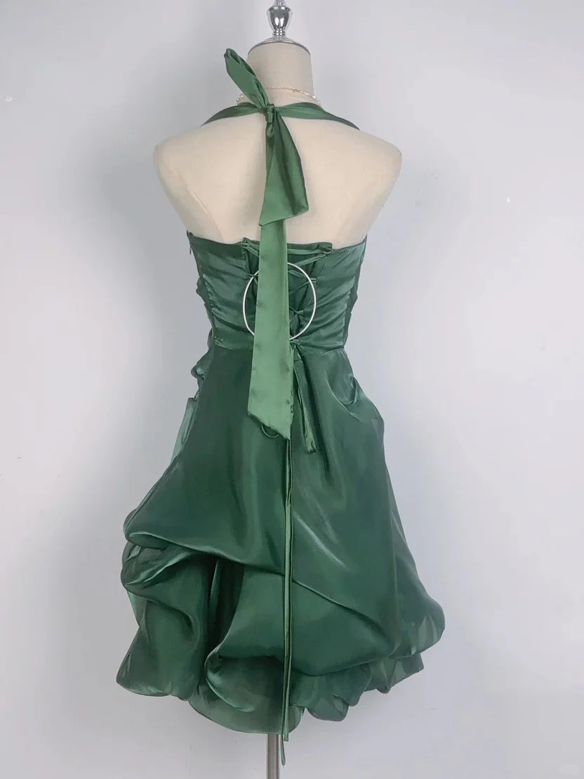 Vintage Dark Green Halter Neck Short Homecoming Dress AS704