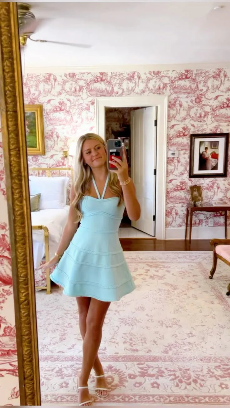 Fresh Light Blue Halter Neck A Line Short Homecoming Dress With Stitched Detail AS705