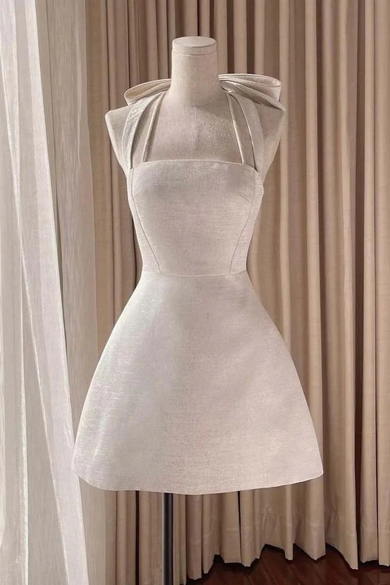 Regal Ivory Halter Neck A-Line Short Homecoming Dress With Bow AS706
