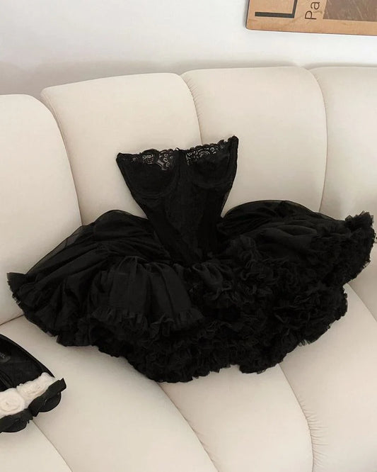 Cute Black Strapless Ball Gown Ruffles Lace Short Homecoming Dress AS707