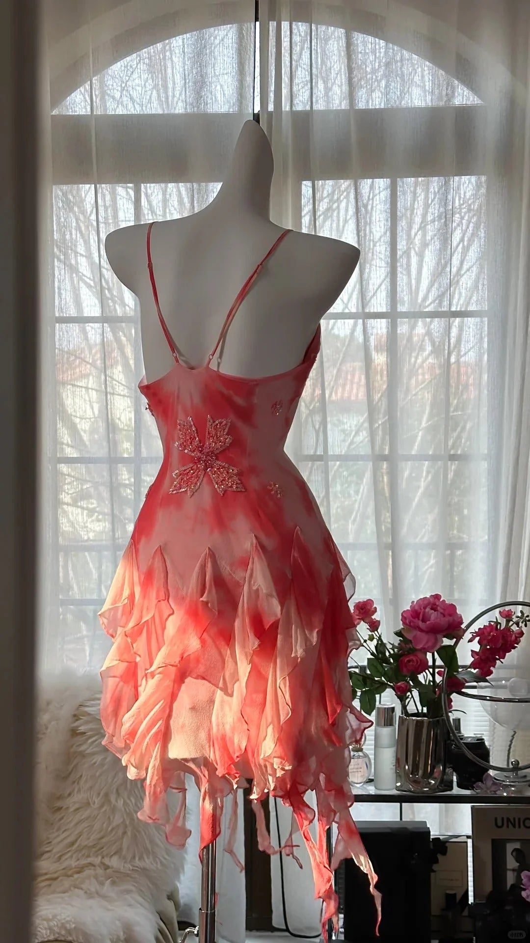 Romantic Pink Floral Beaded Spaghetti Straps Backless Short Chiffon Ruffle Bodycon Homecoming Dress AS710