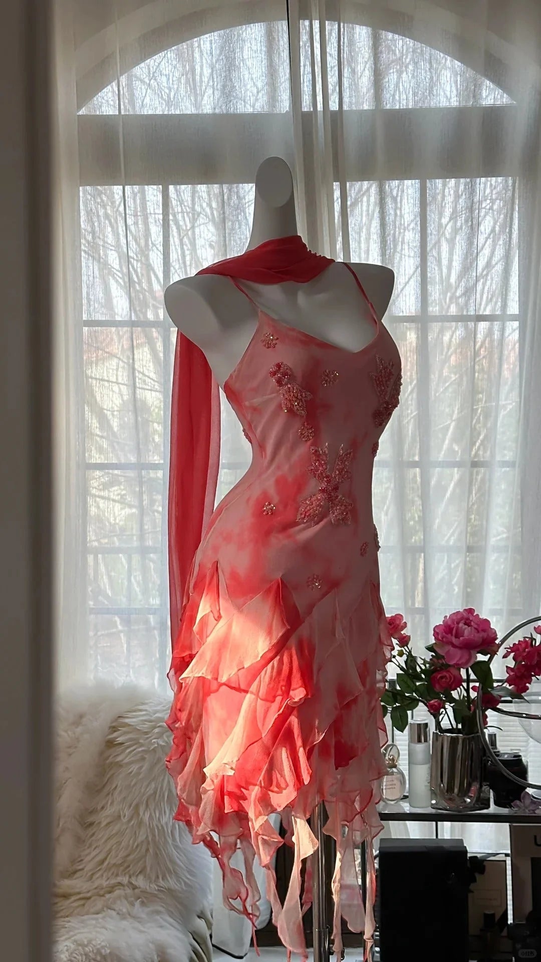 Romantic Pink Floral Beaded Spaghetti Straps Backless Short Chiffon Ruffle Bodycon Homecoming Dress AS710