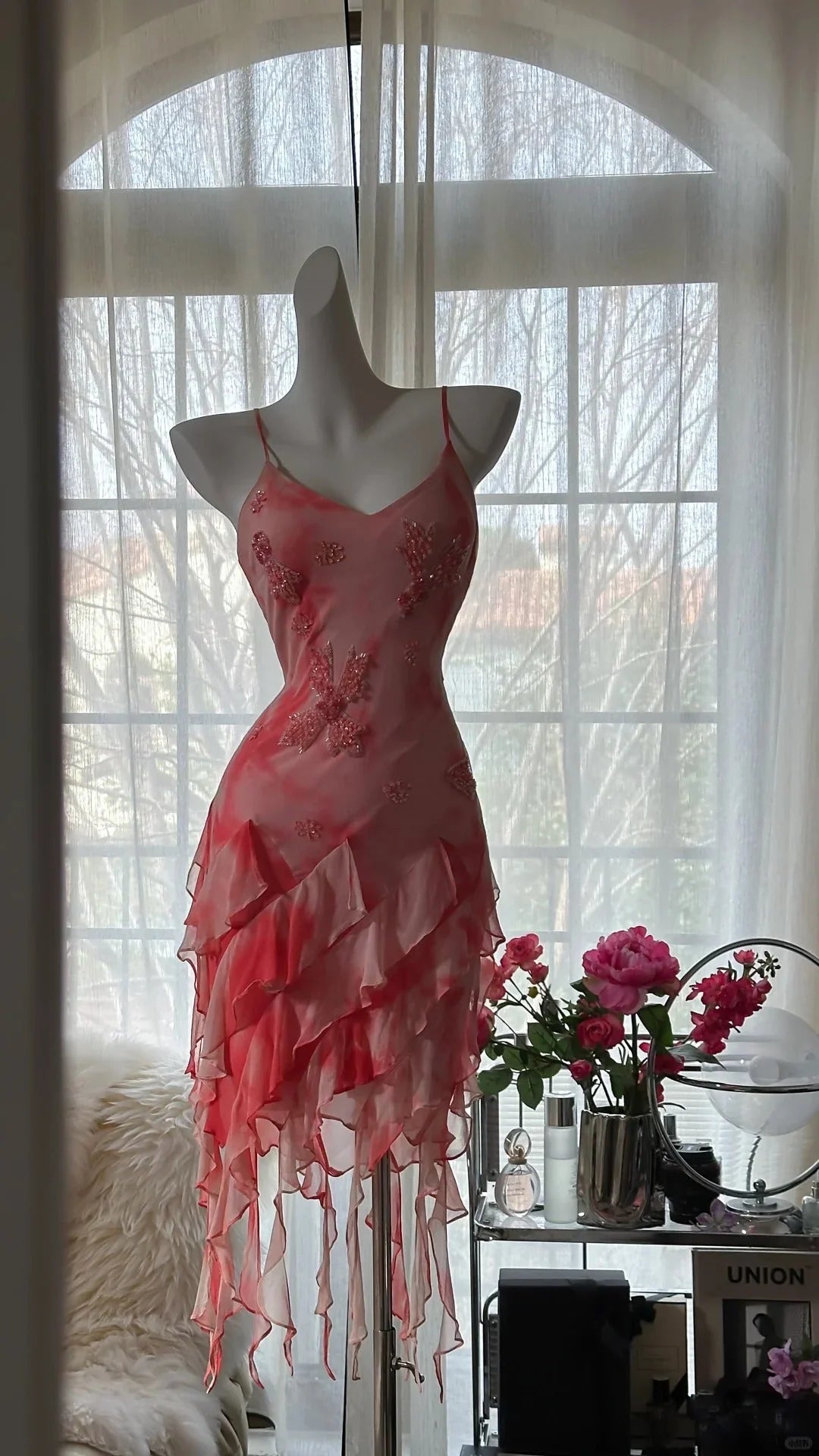 Romantic Pink Floral Beaded Spaghetti Straps Backless Short Chiffon Ruffle Bodycon Homecoming Dress AS710