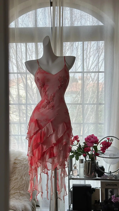 Romantic Pink Floral Beaded Spaghetti Straps Backless Short Chiffon Ruffle Bodycon Homecoming Dress AS710