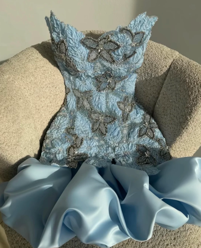Opulent Blue Strapless Mini Homecoming Dress With Beaded Floral Embroidery & Satin Voluminous Skirt AS712
