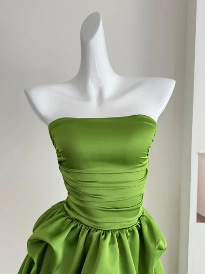 Cute Green Strapless A Line Ruched Waist Bubble Skirt Short Homecoming Dress AS713