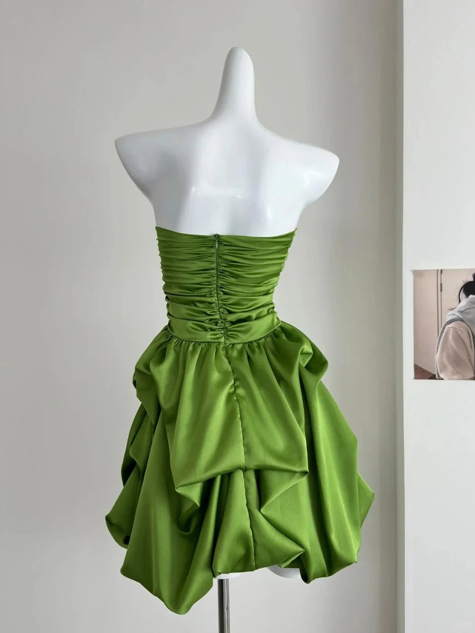 Cute Green Strapless A Line Ruched Waist Bubble Skirt Short Homecoming Dress AS713