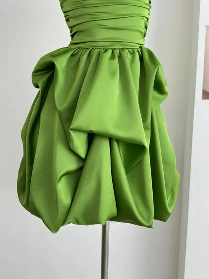 Cute Green Strapless A Line Ruched Waist Bubble Skirt Short Homecoming Dress AS713