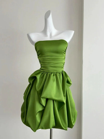 Cute Green Strapless A Line Ruched Waist Bubble Skirt Short Homecoming Dress AS713