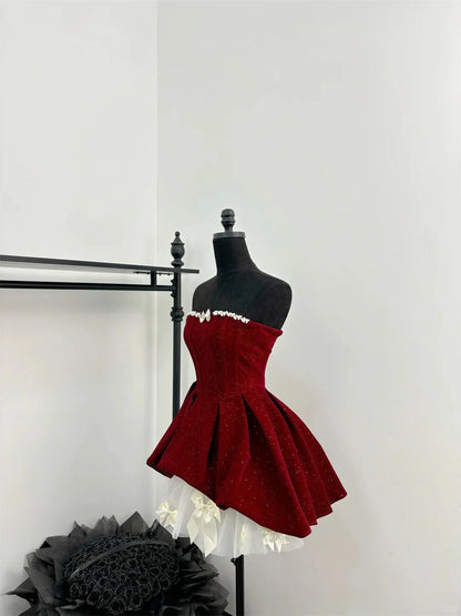 Regal Burgundy Strapless Sparkle A Line Short Homecoming Dress With Rhinestone Trim & Tulle Bow Underskirt AS715