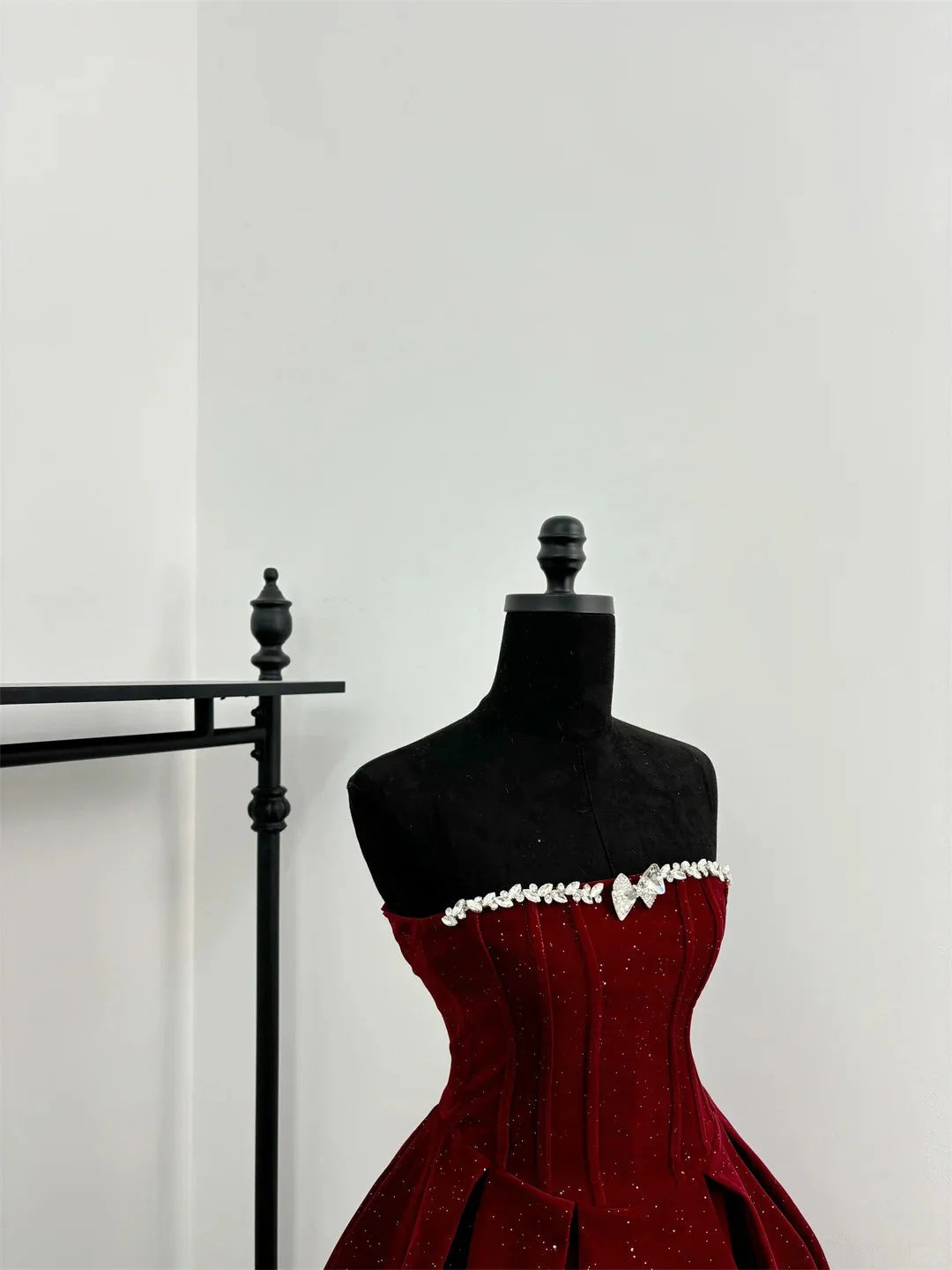 Regal Burgundy Strapless Sparkle A Line Short Homecoming Dress With Rhinestone Trim & Tulle Bow Underskirt AS715