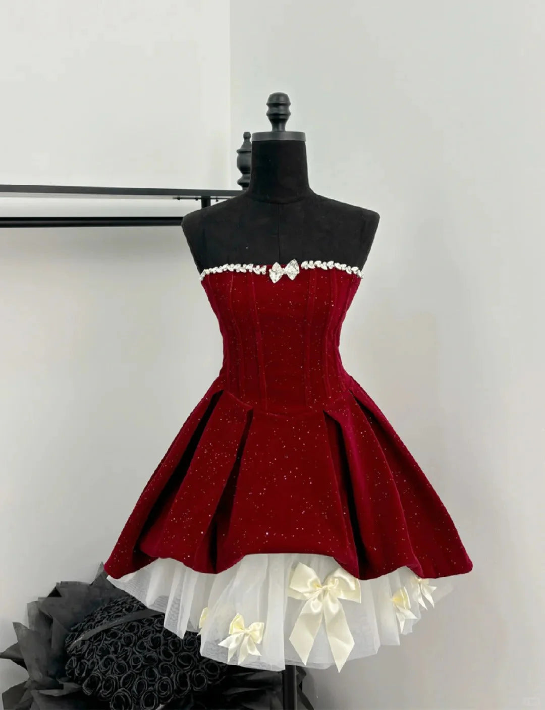 Regal Burgundy Strapless Sparkle A Line Short Homecoming Dress With Rhinestone Trim & Tulle Bow Underskirt AS715
