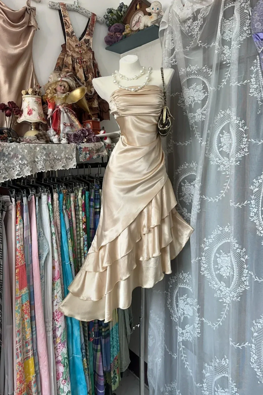 Elegant Champagne Satin Strapless Midi Homecoming Dress With Ruched Bodice & Asymmetric Ruffle Hem AS716