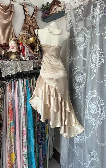 Elegant Champagne Satin Strapless Midi Homecoming Dress With Ruched Bodice & Asymmetric Ruffle Hem AS716