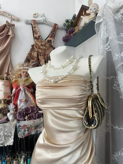 Elegant Champagne Satin Strapless Midi Homecoming Dress With Ruched Bodice & Asymmetric Ruffle Hem AS716