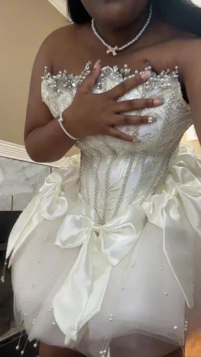 Whimsical Ivory Strapless Corset Mini Homecoming Dress With Sparkle Lace Bodice & Voluminous Tulle Skirt AS717