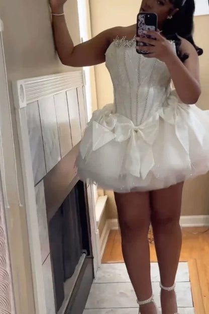 Whimsical Ivory Strapless Corset Mini Homecoming Dress With Sparkle Lace Bodice & Voluminous Tulle Skirt AS717