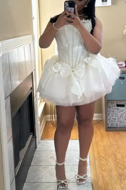 Whimsical Ivory Strapless Corset Mini Homecoming Dress With Sparkle Lace Bodice & Voluminous Tulle Skirt AS717