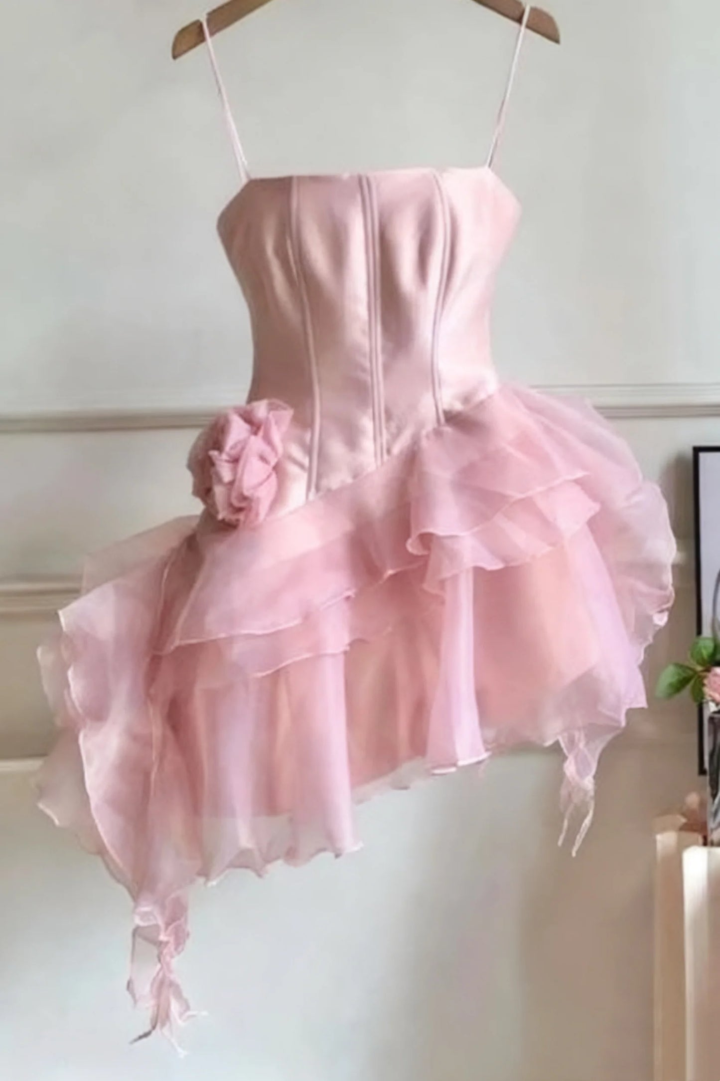 Whimsical Pink Spaghetti Straps A Line Short Homecoming Dress With Satin Corset Bodice & Layered Tulle Skirt With 3D Flower AS718