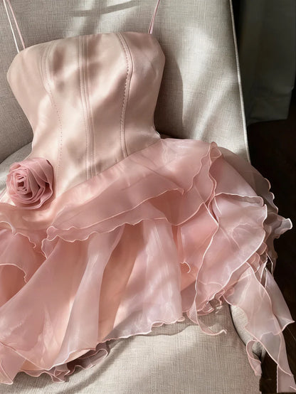 Whimsical Pink Spaghetti Straps A Line Short Homecoming Dress With Satin Corset Bodice & Layered Tulle Skirt With 3D Flower AS718