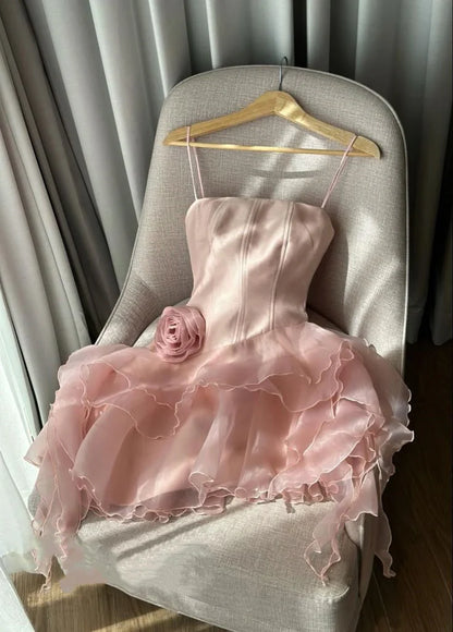 Whimsical Pink Spaghetti Straps A Line Short Homecoming Dress With Satin Corset Bodice & Layered Tulle Skirt With 3D Flower AS718