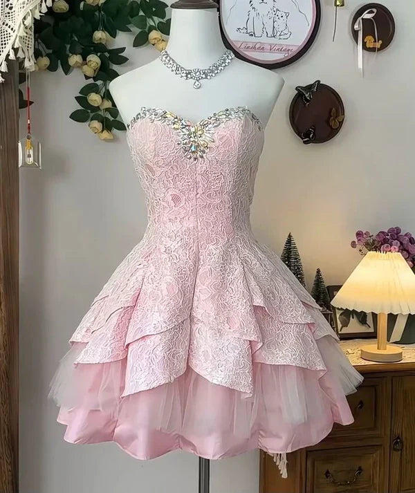 Enchanting Pink Sweatheart Lace A Line Short Homecoming Dress Rhinestone Neck And Layered Tulle Skirt AS719