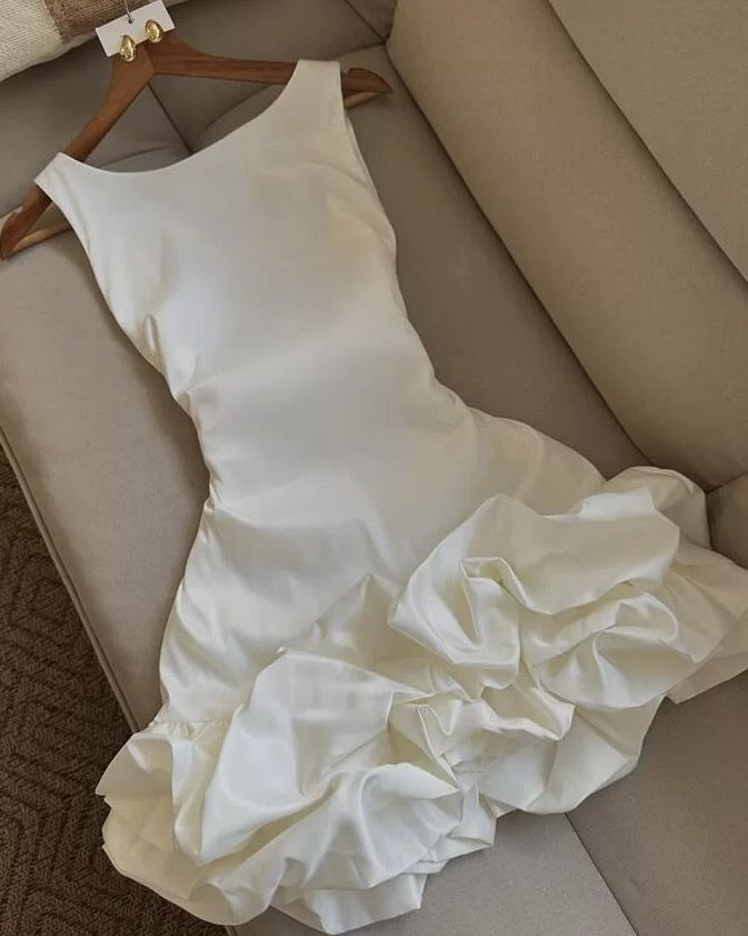 Elegant Ivory Satin Boat Neck Ruffle Skirt A Line Short Homecoming Dress AS721