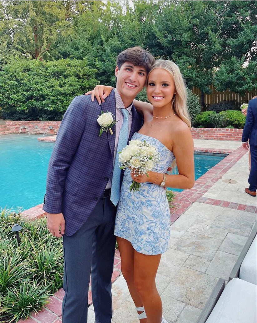 Charming Blue Floral Print Strapless Short Sheath Homecoming Dress With Belted Waist AS722