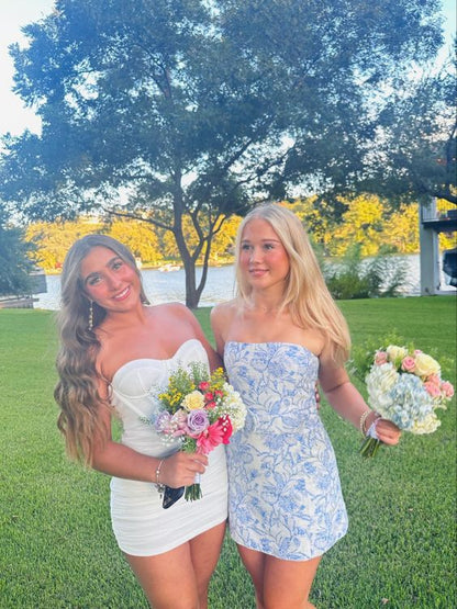 Charming Blue Floral Print Strapless Short Sheath Homecoming Dress With Belted Waist AS722