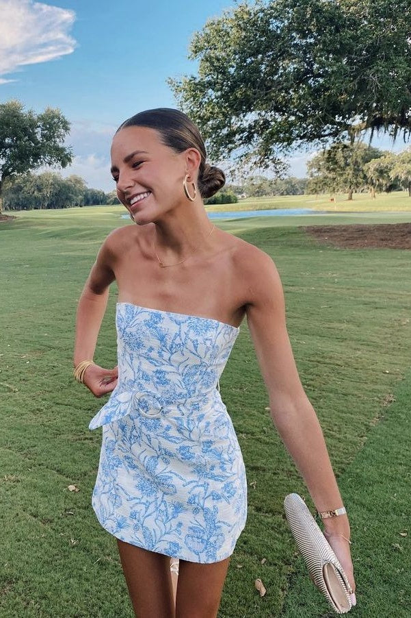 Charming Blue Floral Print Strapless Short Sheath Homecoming Dress With Belted Waist AS722