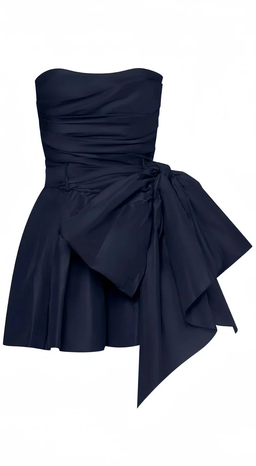 Sleek Navy Strapless Short A Line Homecoming Dress With Ruched Bodice & Bow Detail AS723