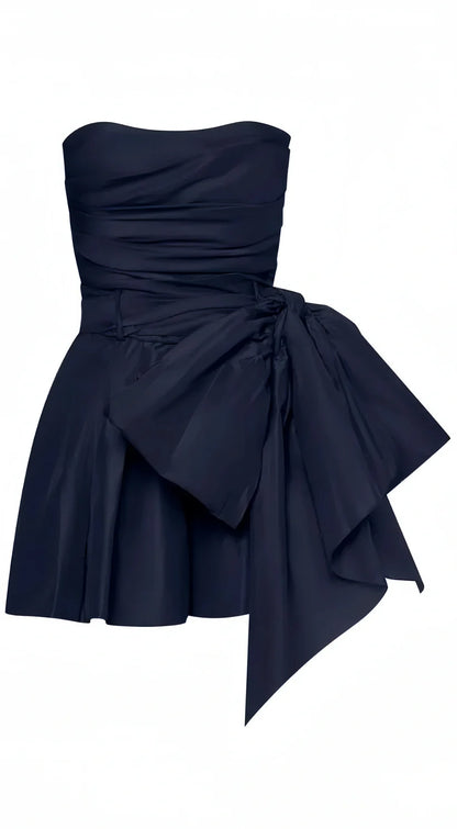 Sleek Navy Strapless Short A Line Homecoming Dress With Ruched Bodice & Bow Detail AS723