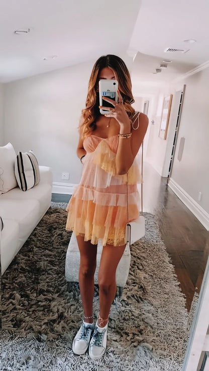 Vibrant Peach-Yellow Spaghetti Straps A Line Short Homecoming Dress With Tiered Tulle Skirt AS724