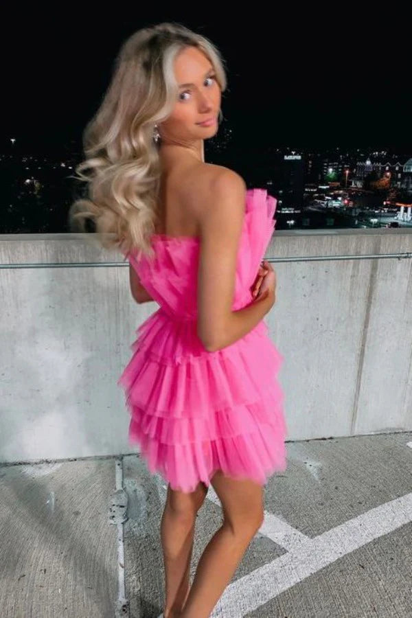 Vibrant Hot Pink Strapless A Line Short Homecoming Dress With Tiered Tulle Skirt AS726