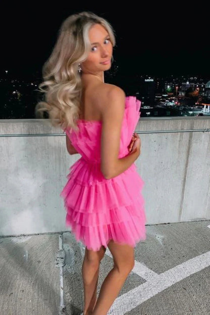 Vibrant Hot Pink Strapless A Line Short Homecoming Dress With Tiered Tulle Skirt AS726