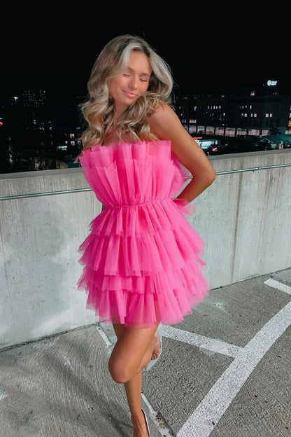 Vibrant Hot Pink Strapless A Line Short Homecoming Dress With Tiered Tulle Skirt AS726
